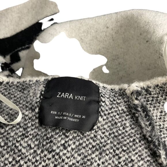 Zara Knit Black and White Wool Blend Greek Key Jacquard Open Front Size S - Picture 2 of 14
